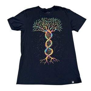 Into The AM black graphic short sleeved T shirt colorful tree DNA design, S.